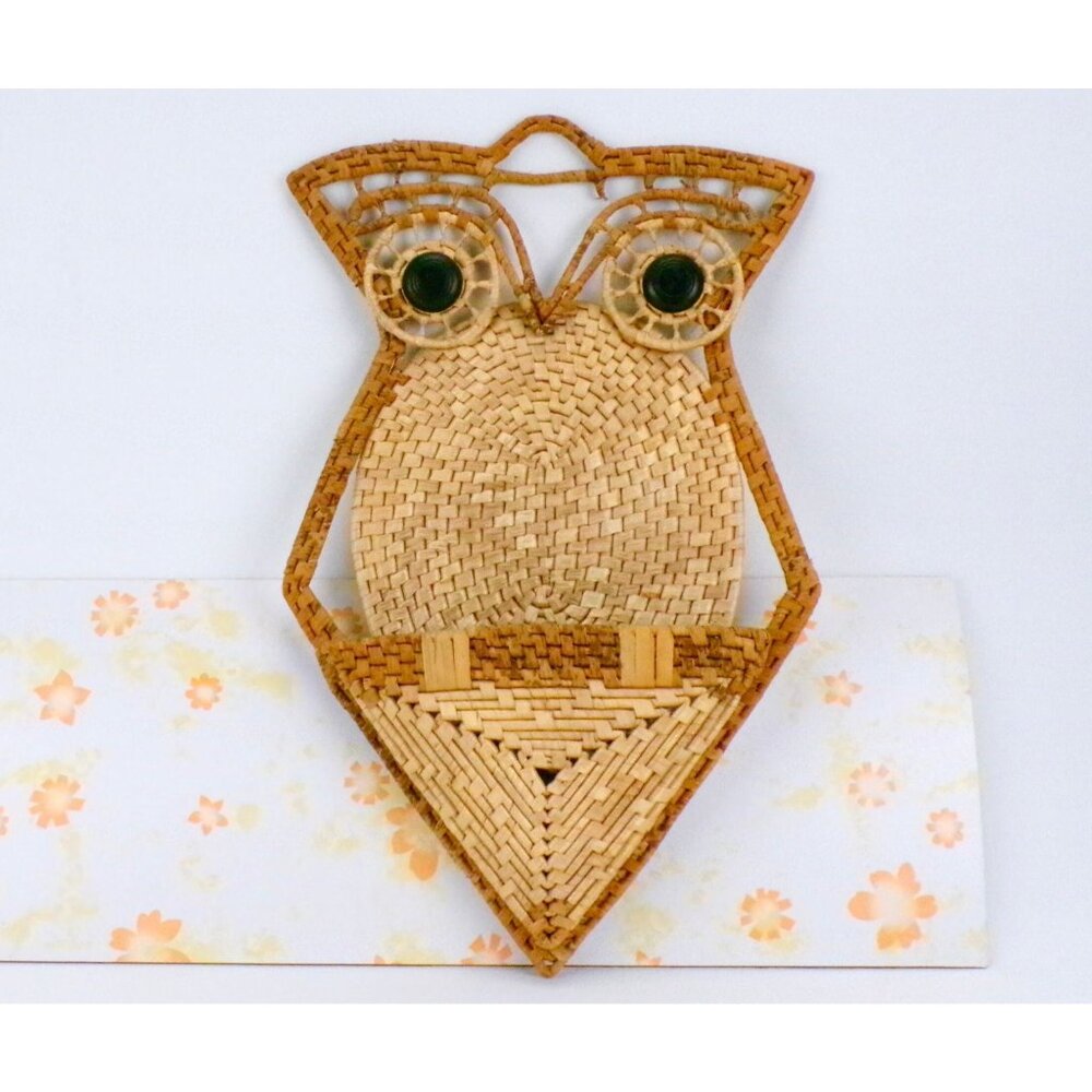 Vintage 1970s owl mail organizer, large wicker owl wall letter holder